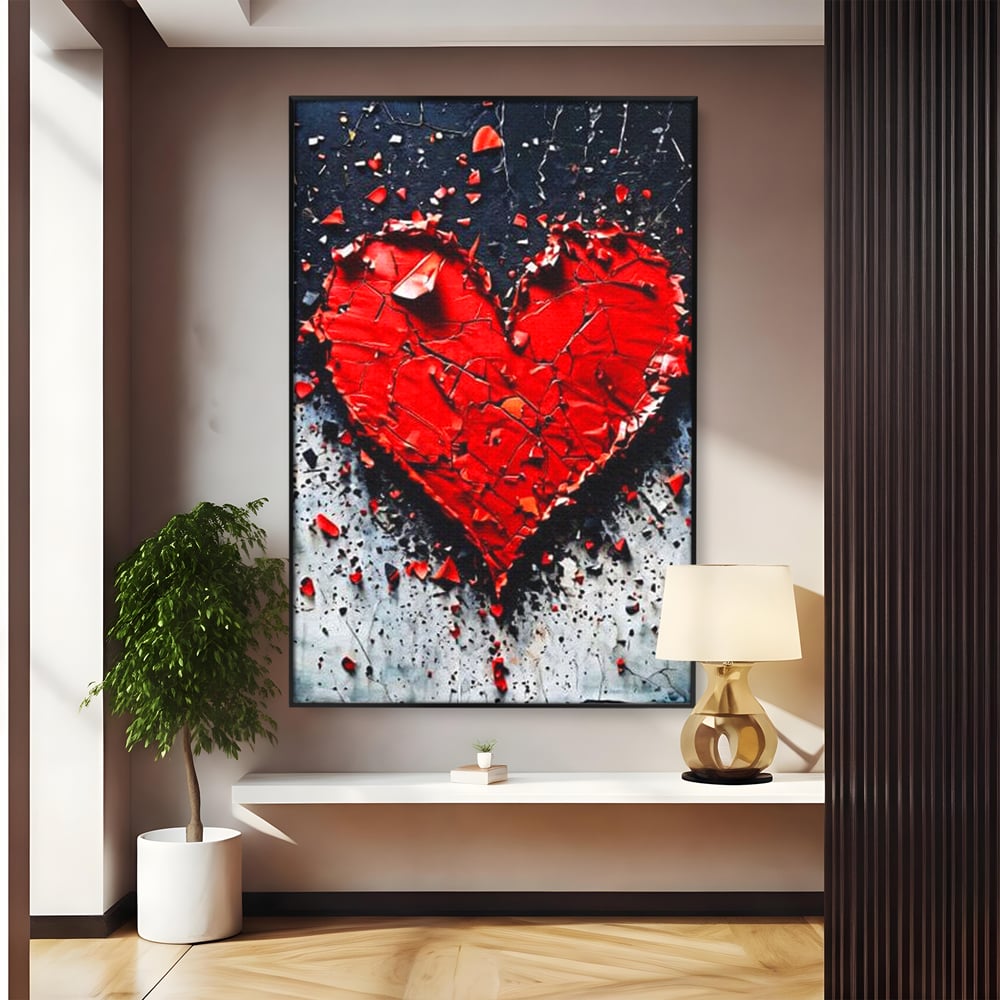 Tablou canvas cu tablou canvas cu o inima rosie crapata, in rama de aluminiu negru